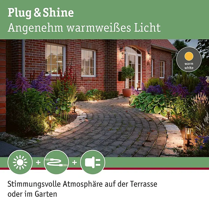 Paulmann Plug & Shine LED-Gartenstrahler Minipoller - Ø x H: 8 x 22 cm, 2 W, Anthrazit, IP44 - Das Bild zeigt eine Außenbeleuchtungsserie namens Plug & Shine, die mit warmweißem Licht eine stimmungsvolle Atmosphäre erzeugt.