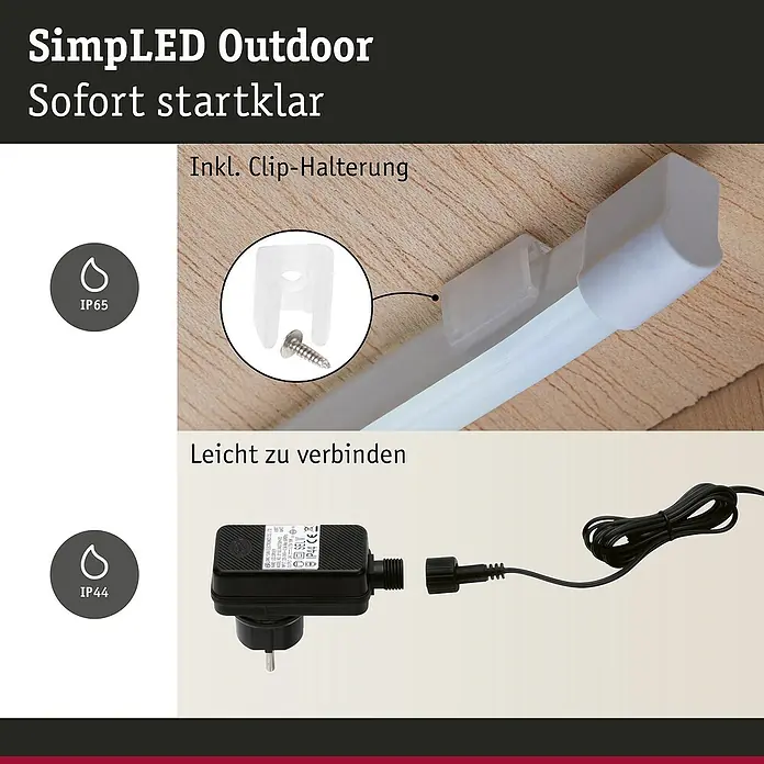 Paulmann LED-Band Simpled Outdoor - Länge: 3 m, Lichtfarbe: Kaltweiß, 12 W, 1.260 lm - Detailaufnahme einer SimpLED Outdoor-Leuchte mit Clip-Halterung, IP65-Schutz, einfacher Verbindung und IP44-geschütztem Netzteil.