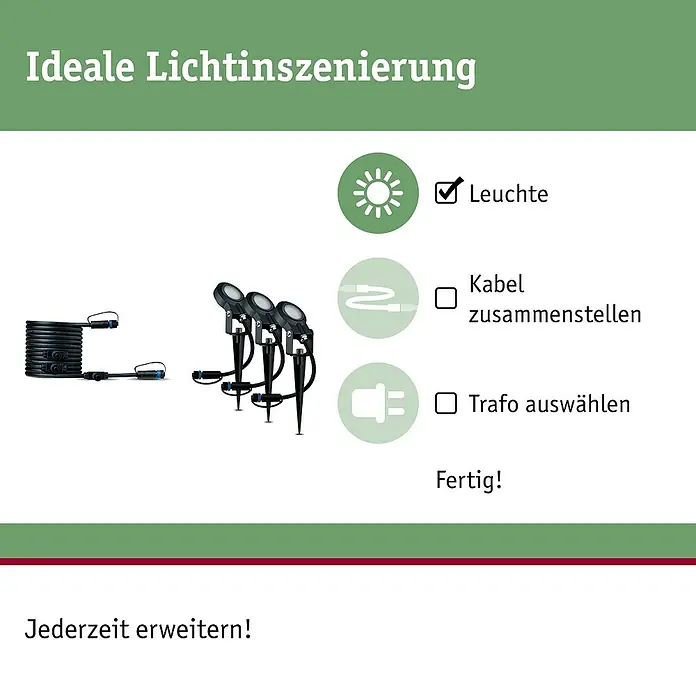 Paulmann Plug & Shine LED-Gartenspot-Set Sting Erweiterung - 6 W, Anthrazit, 24 V, 3 Stk., Ø x H: 5,2 x 29 cm - Die Abbildung zeigt eine ideale Lichtinszenierung mit Leuchte, Kabel und Trafo. Perfekt, um eine angenehme Atmosphäre zu schaffen.
