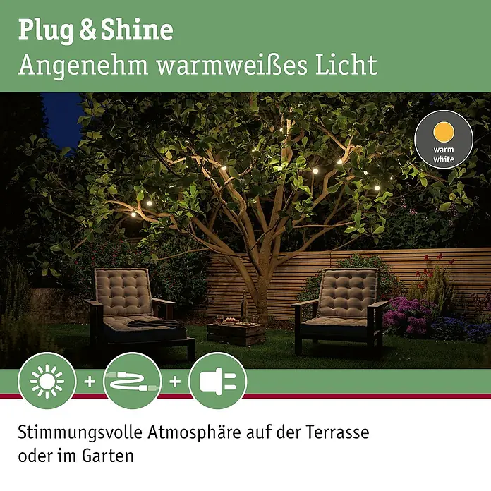 Paulmann Plug & Shine LED-Lichterkette - Außen, Lichtfarbe: Warmweiß, Anzahl Leuchtmittel: 7 Stk. - Stimmungsvolle Außenbeleuchtung mit warmweißen Lichtern, perfekt für Terrasse und Garten.