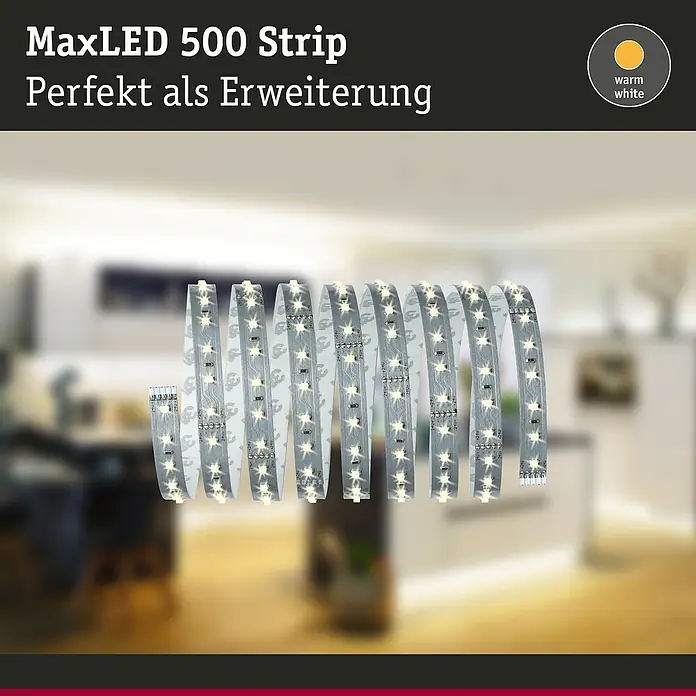 Paulmann MaxLED 500 LED-Band - Länge: 2,5 m, Lichtfarbe: Warmweiß - Produktbild eines MaxLED 500 Strip, ideal als Erweiterung für stimmungsvolle Beleuchtung. Warmweißes Licht sorgt für eine angenehme Atmosphäre.