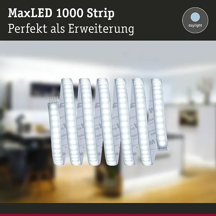 Paulmann MaxLED LED-Band 1000 Stripe - L x H: 2,5 m x 4 mm, Silber - Produktbild eines MaxLED 1000 Strips in Tageslicht-Optik, ideal als Erweiterung für Beleuchtungslösungen.