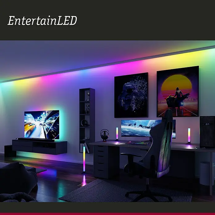 Paulmann LED-Lichtleiste - L x B x H: 30,5 x 3 x 3 cm, Lichtfarbe: RGB, 5 V, 2 Stk. - Moderner Gaming-Raum mit EntertainLED-Beleuchtung, die Atmosphäre und Spielerlebnis verbessert. LED-Leuchten setzen farbige Akzente an Wänden und Geräten.