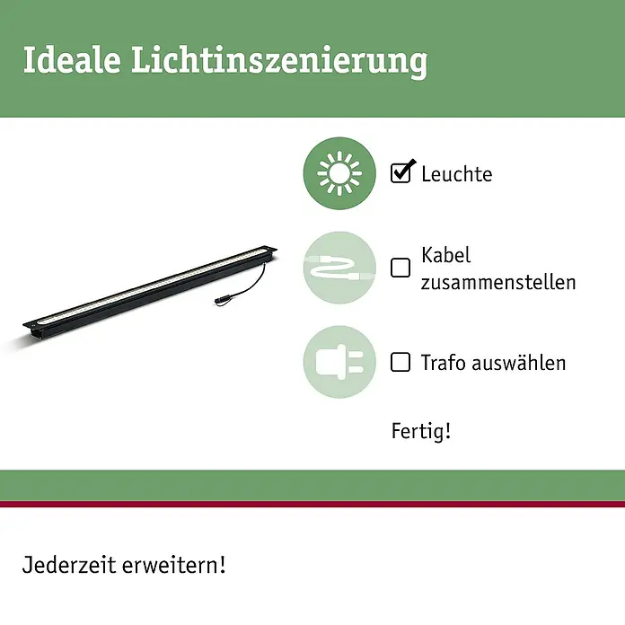 Paulmann Plug & Shine Bodeneinbauleuchte Lichtleiste - 8 W, Warmweiß, IP67, L x B x H: 90 x 5,4 x 4,5 cm - Illustration einer LED-Leuchte mit Checkliste für Installation: Leuchte, Kabel und Trafo auswählen.