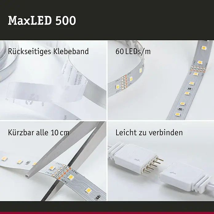 Paulmann MaxLED LED-Band SmartHome Tunable White - Silber, L x H: 1 m x 3 mm - MaxLED 500 Produktbild mit Details wie Klebeband, LED-Anzahl, Kürzbarkeit und Verbindungsmöglichkeiten.