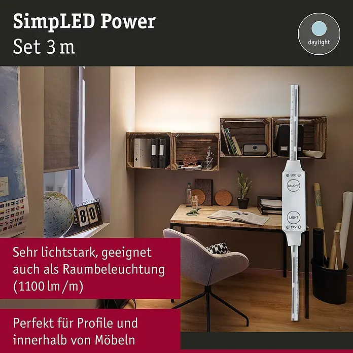Paulmann LED-Band Power Strip - Länge: 3 m, Lichtfarbe: Neutralweiß, 33 W, 3.300 lm, 24 V - SimpLED Power Set 3m: Das LED-Band sorgt für eine helle Raumbeleuchtung und ist ideal für Profile und Möbel.