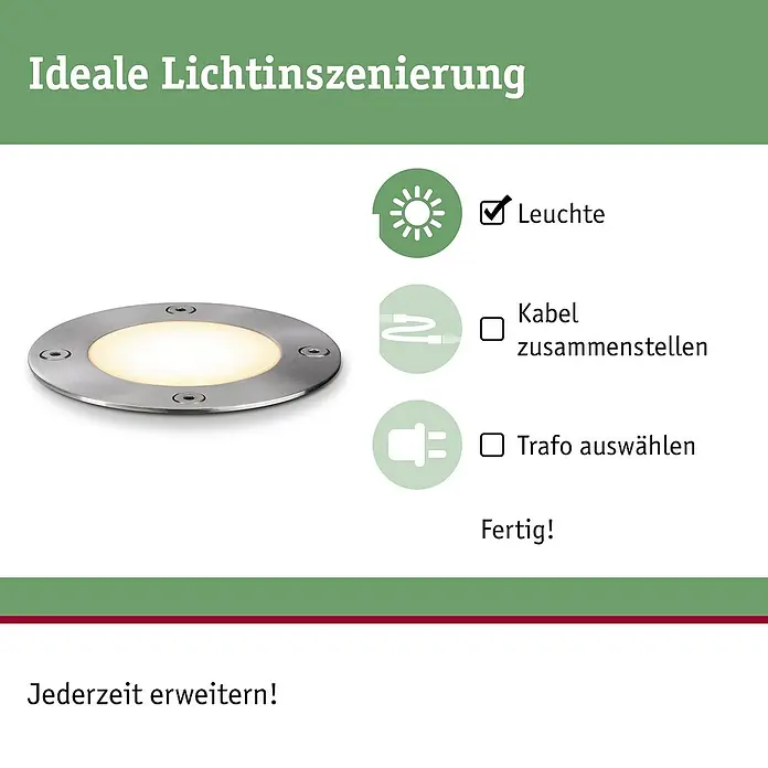 Paulmann Plug & Shine Bodeneinbauleuchte - 3,6 W, Warmweiß, IP65, Rund - Das Bild zeigt eine flache, runde LED-Bodeneinbauleuchte aus Metall mit warmweißem Licht und einer Anleitung zur Installation.