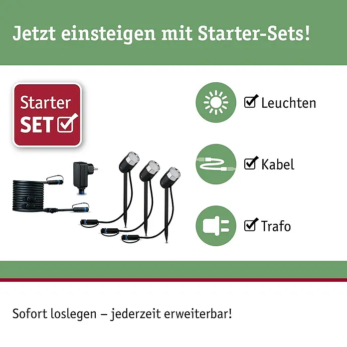 Paulmann Plug & Shine Basis-Set LED-Gartenstrahler Pike Smart Home Zigbee 3.0 - Anthrazit, Ø x H: 5 x 22,5 cm, 4,5 W, Per App steuerbar, IP44, 3 Stk. - Das Bild zeigt ein Starter-Set für Gartenbeleuchtung mit Leuchten, Kabel und Trafo, ideal für den einfachen Einstieg in die Gartenbeleuchtung.