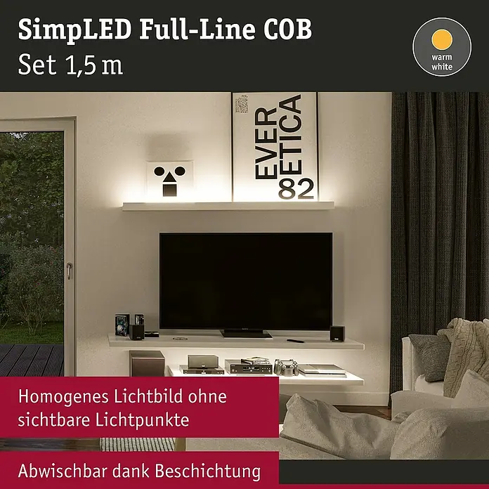 Paulmann LED-Band - Länge: 150 cm, 11 W, 230 V - Das SimpLED Full-Line COB Set 1,5 m sorgt für ein homogenes Lichtbild ohne sichtbare Lichtpunkte und ist abwischbar dank Beschichtung.