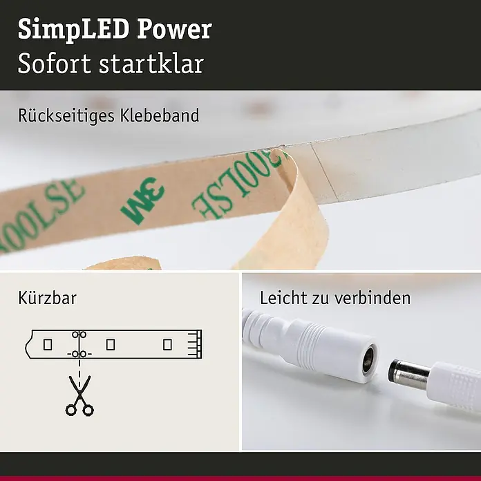 Paulmann LED-Band Power Strip - Länge: 3 m, Lichtfarbe: Neutralweiß, 33 W, 3.300 lm, 24 V - Produktbild der SimpLED Power LED-Leiste mit rückseitigem Klebeband, Kürzbarkeit und einfacher Verbindung.