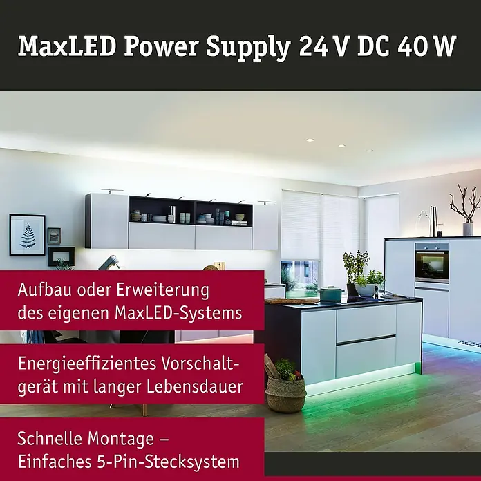 Paulmann MaxLED Stromeinspeisung Power Supply 40VA DC - B x H: 52 x 24 mm, Weiß - MaxLED Netzteil 24 V DC 40 W für den Aufbau oder die Erweiterung Ihres MaxLED-Systems. Energieeffizientes Vorschaltgerät mit langer Lebensdauer.