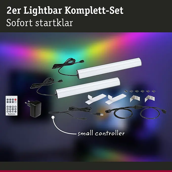 Paulmann LED-Lichtleiste - L x B x H: 30,5 x 3 x 3 cm, Lichtfarbe: RGB, 5 V, 2 Stk. - 2er Lightbar Komplett-Set mit Zubehör. Sofort startklar. Die LED-Leuchten sind dimmbar und verfügen über verschiedene Farbmodi, inklusive Fernbedienung.