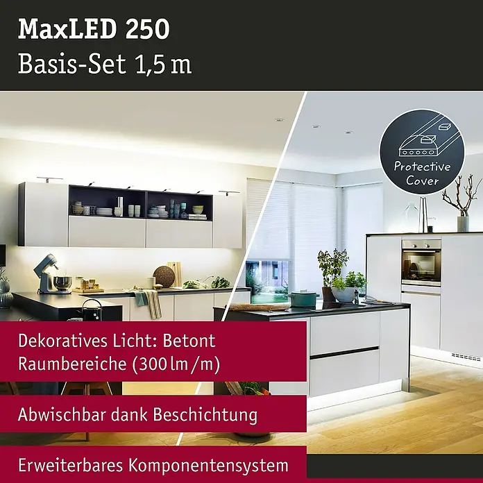 Paulmann MaxLED 250 LED-Band Basisset Tunable White Protecting Cover IP44 - Länge: 1,5 m - MaxLED 250 Basis-Set 1,5 m: Das LED-Strip-Set sorgt für dekoratives Licht in Räumen und ist dank Beschichtung abwischbar. Erweiterbares System.
