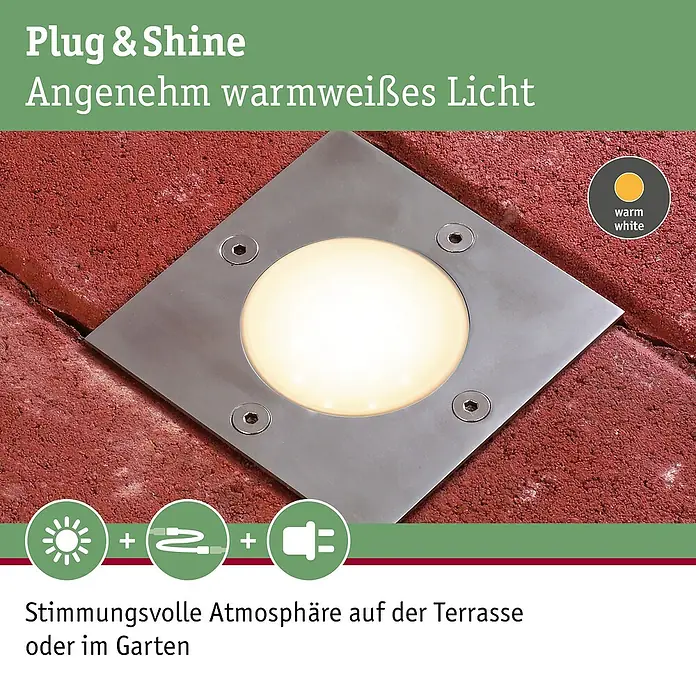 Paulmann Plug & Shine Bodeneinbauleuchte - 3,6 W, Warmweiß, IP65, Quadratisch - Das Bild zeigt eine quadratische, warmweiße Plug & Shine Bodenleuchte, ideal für stimmungsvolle Beleuchtung von Terrassen und Gärten.