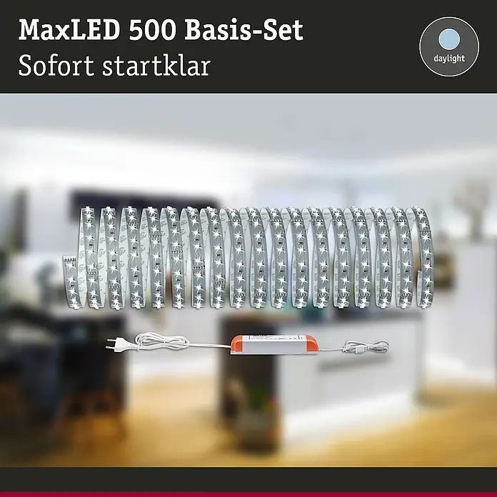 Paulmann MaxLED 500 LED-Band Function Tageslichtweiß Basisset - L x H: 10 m x 3 mm, Silber, Neutralweiß - Abbildung eines MaxLED 500 Basis-Sets, das sofort einsatzbereit ist und mit einem "Tageslicht"-Effekt für eine helle Beleuchtung sorgt.