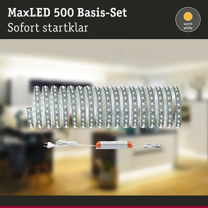 Paulmann MaxLED 500 LED-Band Function Warmweiß - L x H: 10 m x 3 mm, Silber, Warmweiß - Das MaxLED 500 Basis-Set "Sofort startklar" mit warmweißem Licht, ideal für die schnelle und stimmungsvolle Beleuchtung.