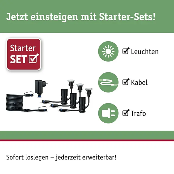 Paulmann Plug & Shine Basis-Set LED-Bodeneinbauleuchte Floor Mini - 2,5 W, 24 V, IP65, Höhe: 90 mm, 3.000 K, 3 Stk. - Starter-Set für Gartenbeleuchtung mit Leuchten, Kabel und Trafo. Sofort loslegen und jederzeit erweiterbar.