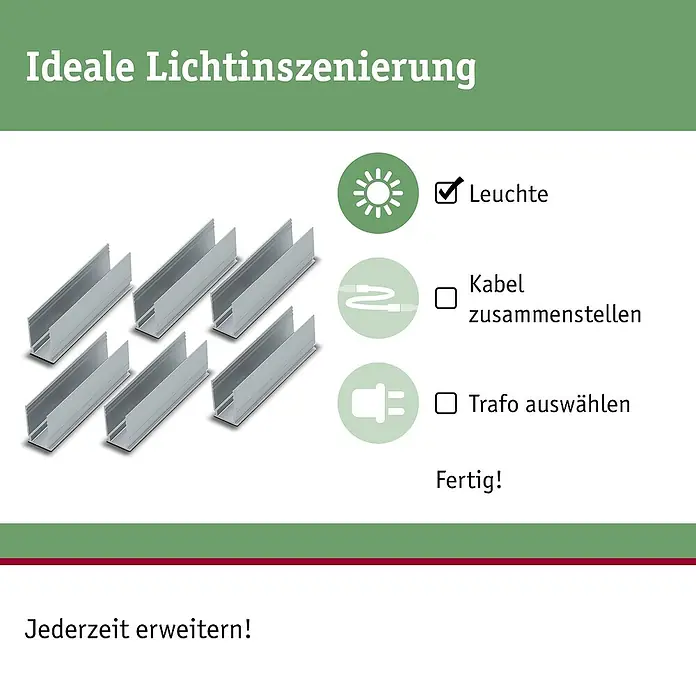 Paulmann Plug & Shine Profil Montage-Clip - Aluminium, Passend für: Paulmann Plug & Shine LED-Band - Produktbild mit LED-Leuchten. Das Bild zeigt LED-Leuchten, Kabel und Trafos für eine ideale Lichtinszenierung.