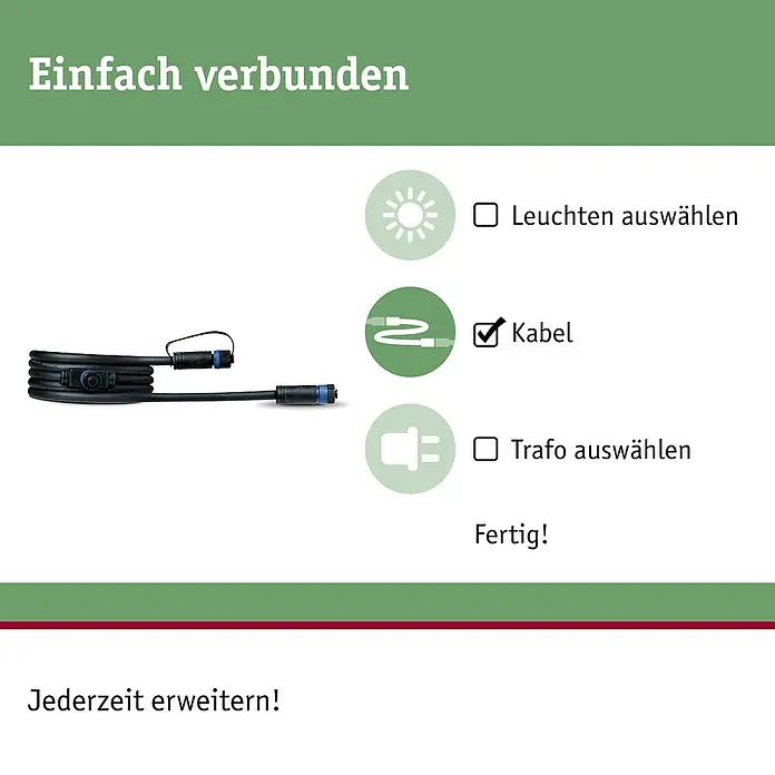 Paulmann Plug & Shine Verbindungskabel - 2 m, 2 Anschlüsse, IP68 - Einfach verbunden: Darstellung eines Kabels.