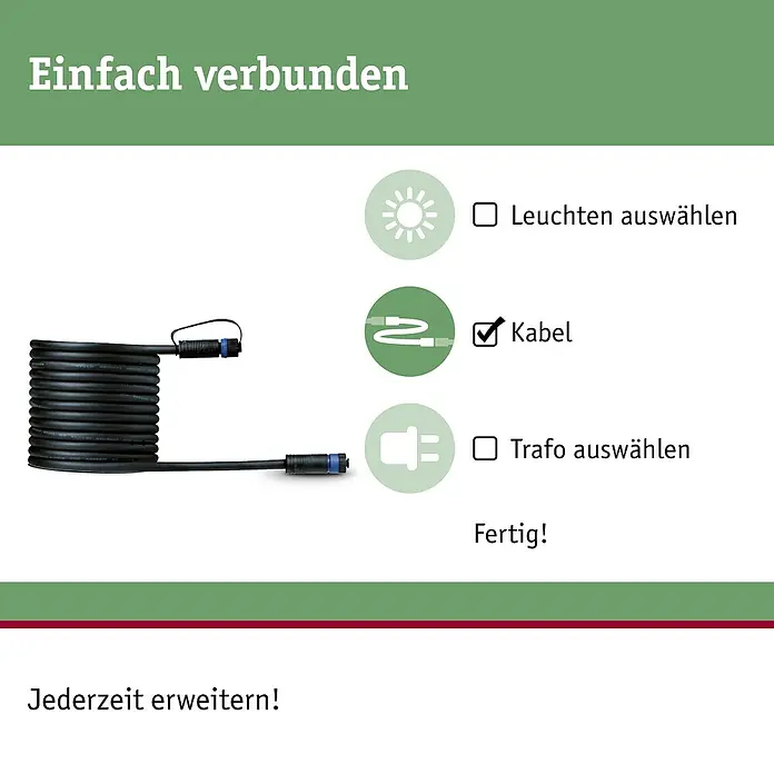 Paulmann Plug & Shine Verbindungskabel - Länge: 5 m, IP68 - Abbildung eines schwarzen Kabels mit blauen Anschlüssen, das Teil eines einfachen Verbindungssystems ist.
