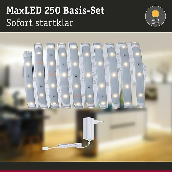 Paulmann MaxLED 250 LED-Band Basisset IP44 - Länge: 3 m, Lichtfarbe: Warmweiß, 12 W, 720 lm, 24 V, IP44 - Das MaxLED 250 Basis-Set ist sofort einsatzbereit. Das Set beinhaltet LED-Streifen und Zubehör für eine einfache Installation und stimmungsvolle Beleuchtung.