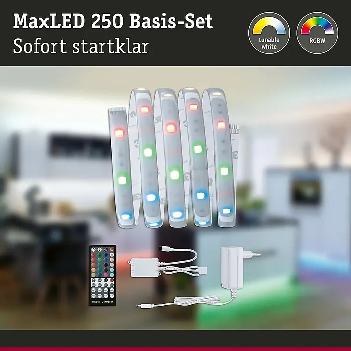 Paulmann MaxLED 250 LED-Band Basisset RGBW Protecting Cover IP44 - Länge: 1,5 m, Lichtfarbe: RGBW, 10 W, 345 lm - MaxLED 250 Basis-Set: LED-Streifen mit Farbwechsel, sofort einsatzbereit, inklusive Fernbedienung und Netzteil für stimmungsvolle Beleuchtung.