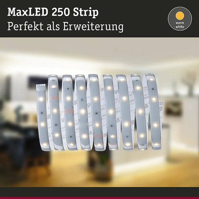 Paulmann MaxLED 250 LED-Band Protecting Cover IP44 - Länge: 2,5 m, Lichtfarbe: Warmweiß, 10 W, 600 lm - Nahaufnahme eines MaxLED 250 LED-Streifens, ideal als Erweiterung, mit warmweißem Licht. Perfekt für stimmungsvolle Beleuchtung.