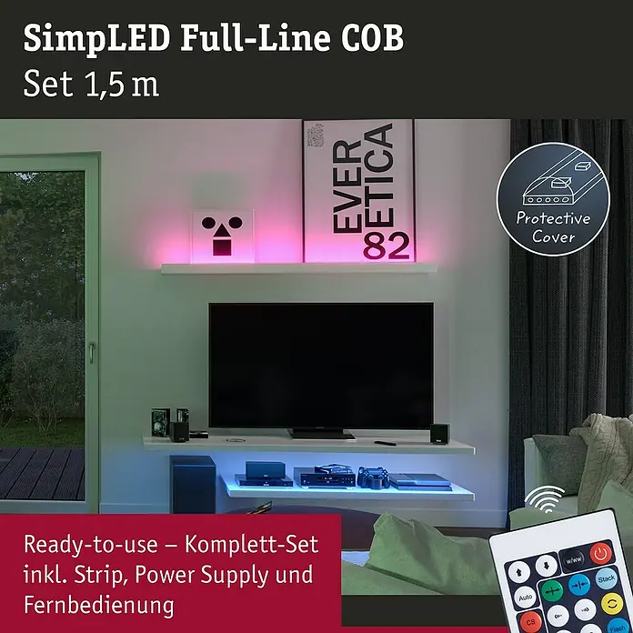 Paulmann LED-Band - Länge: 150 cm, Lichtfarbe: RGB, 14,5 W, 230 V - Produktbild der SimpLED Full-Line COB Set 1,5 m LED-Streifen mit Schutzabdeckung und Fernbedienung für stimmungsvolle Beleuchtung im Wohnbereich.