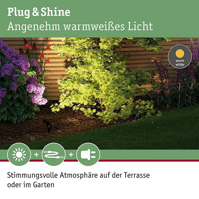 Paulmann Plug & Shine Basis-Set LED-Gartenstrahler Sting - 6 W, Erdspieß, IP67, 3.000 K - Gartenbeleuchtungssystem "Plug & Shine" mit angenehm warmweißem Licht für eine stimmungsvolle Atmosphäre auf Terrasse oder im Garten.