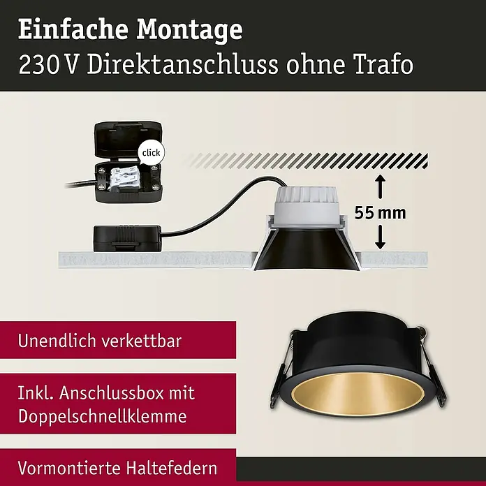 Paulmann LED-Einbauleuchte Cole - 19,5 W, Schwarz/Gold, Warmweiß, 3 Stk. - Abbildung einer schwarzen Einbauleuchte mit Goldrand, die eine einfache Montage und einen direkten 230-V-Anschluss ohne Trafo ermöglicht.