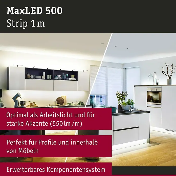 Paulmann MaxLED LED-Band SmartHome Tunable White - Silber, L x H: 1 m x 3 mm - MaxLED 500 Strip 1 m: Flexibles LED-Band für Arbeitsbereiche und Akzente, ideal für Möbel. Erweiterbares System für individuelle Beleuchtungslösungen.