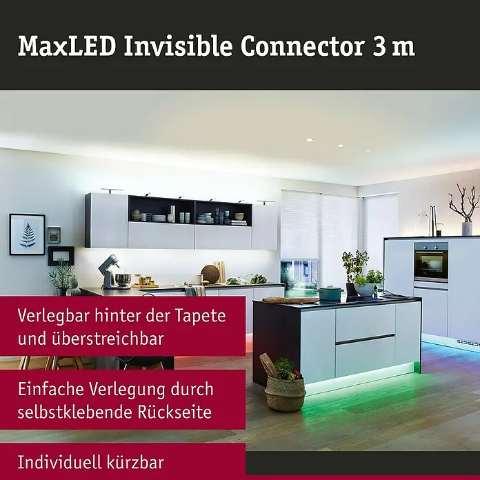 Paulmann MaxLED Clip-Connector Function MaxLED - L x B x H: 3 m x 17,5 mm x 12 mm, Weiß - Produktbild des MaxLED Invisible Connector 3 m, der hinter Tapeten verlegt und überstrichen werden kann, einfache Verlegung durch selbstklebende Rückseite.