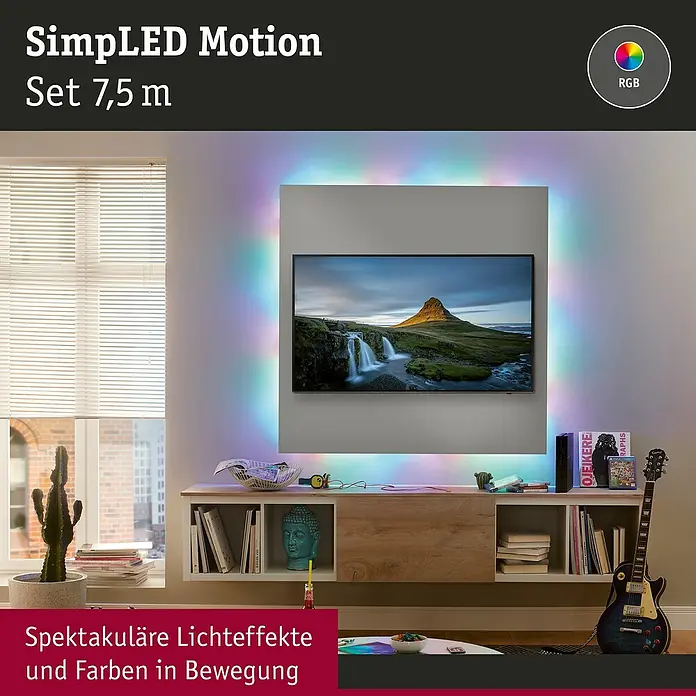 Paulmann LED-Band Motion - Länge: 7,6 m, Lichtfarbe: RGB, 15 W, 494 lm, 12 V - SimpLED Motion Set 7,5 m: Spektakuläre Lichteffekte und Farben in Bewegung. Perfekt für eine stimmungsvolle Ambientebeleuchtung im Wohnraum.