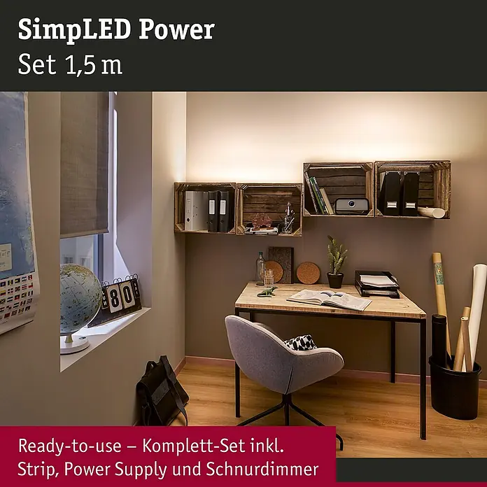 Paulmann LED-Band Power Strip - Länge: 1,5 m, Lichtfarbe: Neutralweiß, 17 W, 1.650 lm, 24 V - Das Bild zeigt ein SimpLED Power Set 1,5 m, das eine stimmungsvolle Beleuchtung in einem modernen Arbeitszimmer erzeugt.