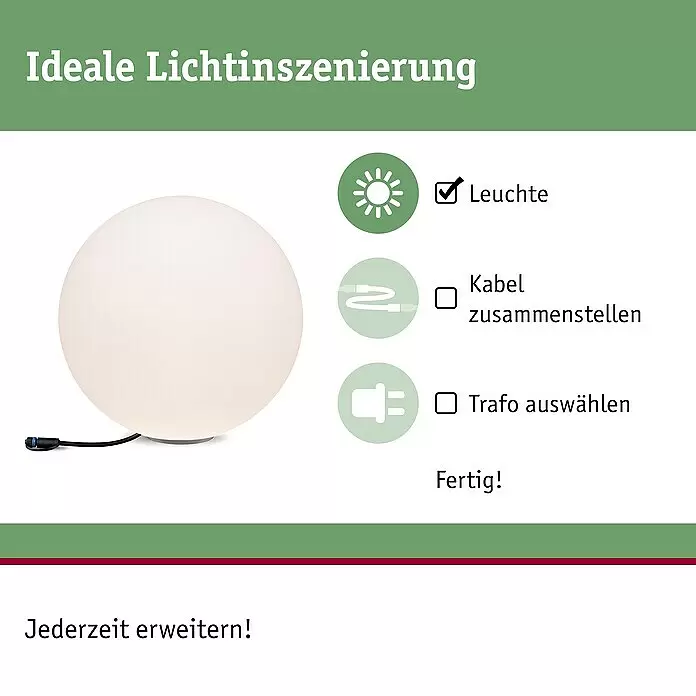 Paulmann Plug & Shine LED-Außenleuchte - Durchmesser: 40 cm, 1-fach, Warmweiß, IP67 - Weiße Kugelleuchte mit Symbolen, die Schritte zur Einrichtung eines modularen Beleuchtungssystems zeigen.