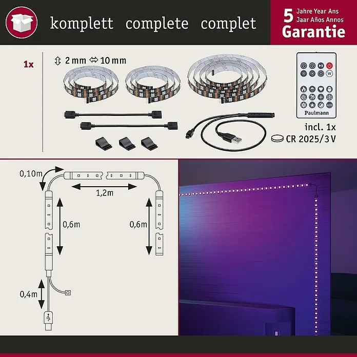 Paulmann LED-Band EntertainLED 65 Zoll - Länge: 240 cm, Lichtfarbe: RGB, 4 W - Komplettes LED-Streifen-Set mit Fernbedienung zur einfachen Steuerung von Lichteffekten und Farben für eine stimmungsvolle Beleuchtung.