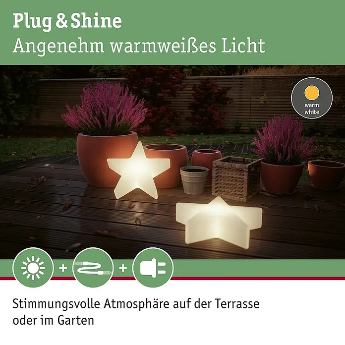 Paulmann Plug & Shine LED-Dekoleuchte Star - Weiß, L x B x H: 10 x 40 x 40 cm - Die Plug & Shine Gartenleuchten in Sternform schaffen eine stimmungsvolle Atmosphäre im Garten oder auf der Terrasse.