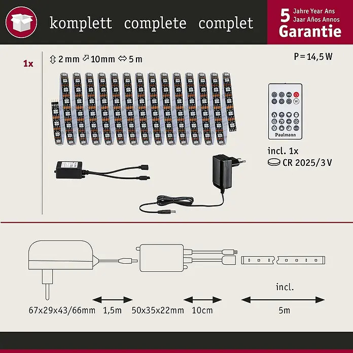 Paulmann LED-Stripes Dynamic Rainbow - Länge: 500 cm, RGB, 10,5 W - Produktabbildung einer kompletten LED-Leuchtleiste mit Zubehör, inklusive Fernbedienung und Netzteil, für stimmungsvolle Beleuchtung.
