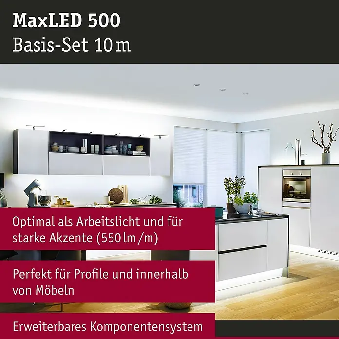 Paulmann MaxLED 500 LED-Band Function Tageslichtweiß Basisset - L x H: 10 m x 3 mm, Silber, Neutralweiß - Das MaxLED 500 Basis-Set mit 10 m Länge bietet optimale Arbeitsbeleuchtung und starke Akzente für Profile und Möbel.