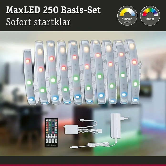 Paulmann MaxLED 250 LED-Band Basisset RGBW Protecting Cover IP44 - Länge: 3 m, Lichtfarbe: RGBW, 20 W, 690 lm - Das MaxLED 250 Basis-Set ist sofort einsatzbereit. Es enthält tunable white und RGBW LED-Streifen mit Controller und Netzteil.