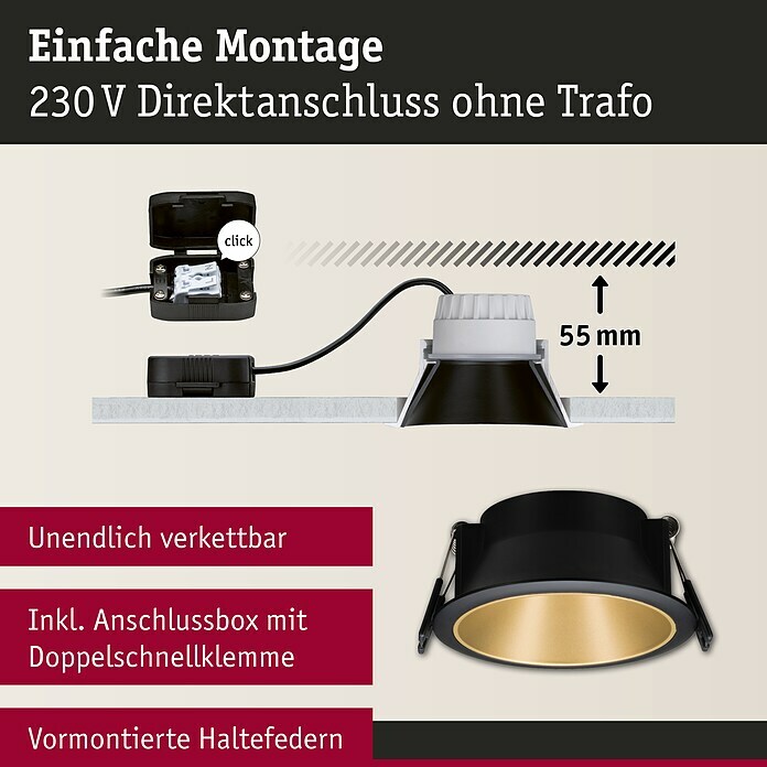 Paulmann LED-Einbauleuchte Cole (6,5 W, Schwarz/Gold, Warmweiß, 1 Stk.) | BAUHAUS