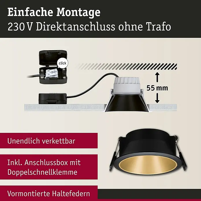 Paulmann LED-Einbauleuchte Cole - 6,5 W, Schwarz/Gold, Warmweiß, 1 Stk. - Darstellung einer schwarzen LED-Einbauleuchte mit goldenem Reflektor, inklusive Anschlussbox und Schnellklemmen, mit einer Einbauhöhe von 55 mm.