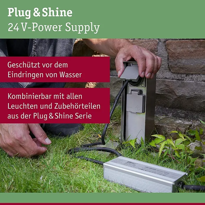 Paulmann Plug & Shine Abdeckung - Kunststoff, Grau, L x B x H: 8,9 x 26 x 4,5 cm - Bild einer Plug & Shine 24V Stromversorgungseinheit. Das Produkt ist wetterfest und mit allen Leuchten aus der Serie kombinierbar.