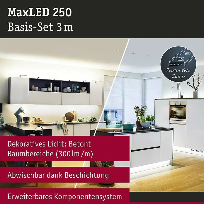Paulmann MaxLED 250 Smart-LED-Band Basisset beschichtet Zigbee - 300 cm, Warmweiß, 15 W, 750 lm, 230 V - 240 V - Bild einer MaxLED 250 Basis-Set 3m LED-Leuchte, die in einer modernen Küche installiert ist und dekoratives Licht spendet.