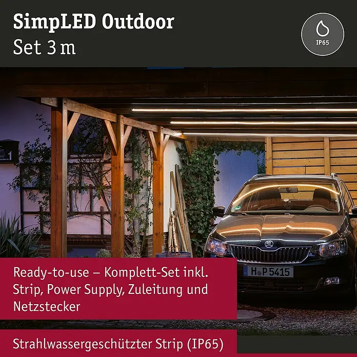 Paulmann LED-Band Simpled Outdoor - Länge: 3 m, Lichtfarbe: Warmweiß, 12 W, 1.260 lm - Abbildung eines SimpLED Outdoor Set 3 m, das sich ideal zur Beleuchtung von Außenbereichen eignet und eine angenehme Atmosphäre schafft.