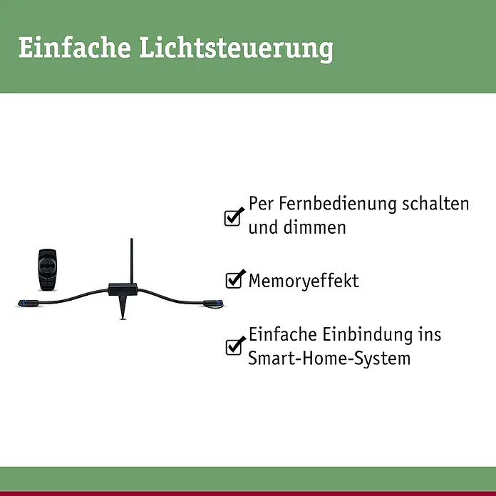 Paulmann Plug & Shine Controller mit Fernbedienung - Max. Leistung: 75 W, Schwarz, IP68 - Bild einer Lichtsteuerung mit Fernbedienung, Memoryeffekt und einfacher Einbindung ins Smart-Home-System.