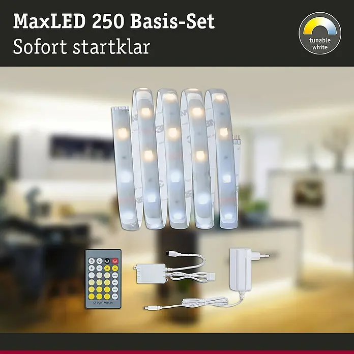 Paulmann MaxLED 250 LED-Band Basisset Tunable White Protecting Cover IP44 - Länge: 1,5 m - Produktbild des MaxLED 250 Basis-Sets, sofort startklar, mit Zubehör wie Fernbedienung, Controller und Netzteil für flexible Beleuchtung.