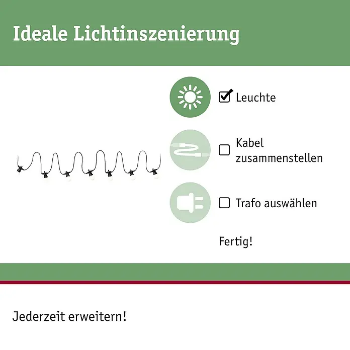 Paulmann Plug & Shine LED-Lichterkette - Außen, Lichtfarbe: Warmweiß, Anzahl Leuchtmittel: 7 Stk. - Illustration einer Lichterkette, die die Schritte zur Installation zeigt: Leuchte auswählen, Kabel zusammenstellen und Trafo auswählen.