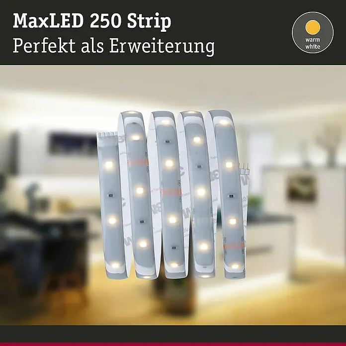 Paulmann MaxLED 250 LED-Band Protecting Cover IP44 - Länge: 1 m, Lichtfarbe: Warmweiß, 4 W, 240 lm - MaxLED 250 Strip, eine flexible LED-Leiste zur Erweiterung von Beleuchtungssystemen, ideal für stimmungsvolle Akzente mit warmweißem Licht.