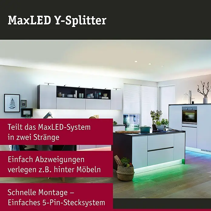 Paulmann MaxLED Y-Verteiler - L x B x H: 30 x 12 x 7 mm, Weiß - MaxLED Y-Splitter für flexible Beleuchtung. Ermöglicht das Aufteilen des MaxLED-Systems in zwei Stränge, ideal für individuelle Lichtlösungen.